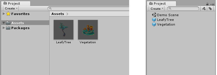 Two prefabs (LeafyTree and Vegetation) shown in the Project window in two-column view (left) and one-column view (right)