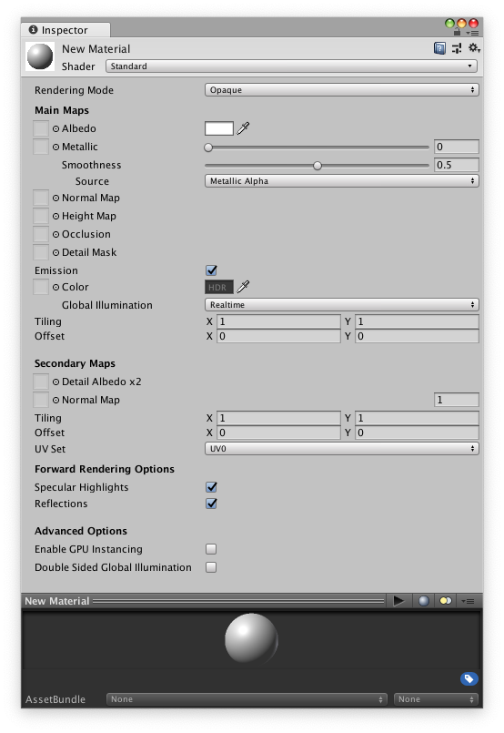 Un material Standard Shader sin parámetros predeterminados y sin valores o texturas asignadas