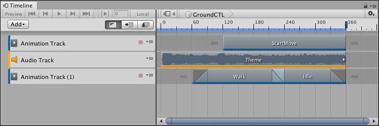Timeline Asset selected in the Project window shows its tracks and clips, but with no track bindings. The Timeline Playback Controls are disabled.