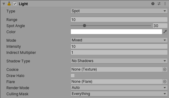 Propiedades del Light Component en el Inspector