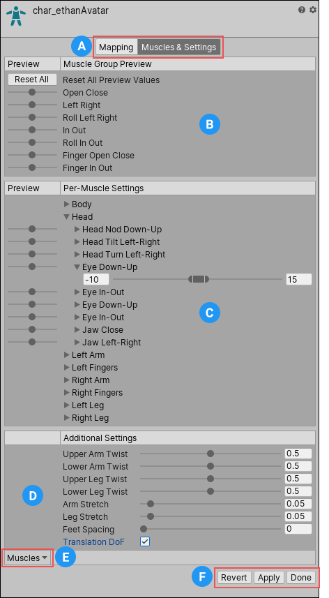 The Muscles &amp; Settings tab in the Avatar window