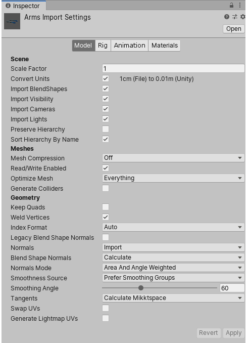 The Inspector window displaying the import settings for an .fbx file containing 3D Models