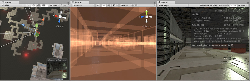 Tenga en cuenta que en el scene view de Overdraw, una alta densidad de ovedraw a medida que los cuartos más allá de las paredes visibles son renderizados. Estos no son visibles en el game view, sin embargo toma tiempo para renderizarlos