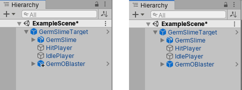 Left: An GermOBlaster Prefab added to an instance of the GermSlimeTarget Prefab as an override. Right: The GermOBlaster Prefab has been applied to GermSlimeTarget Prefab, and is now a nested Prefab in the GermSlimeTarget Prefab Asset.