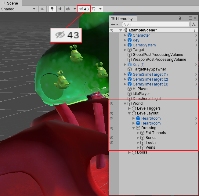The Scene visibility counter shows 43 hidden GameObjects in this scene