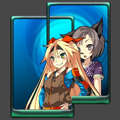 The character sprites are interacting with masks on both the cards
