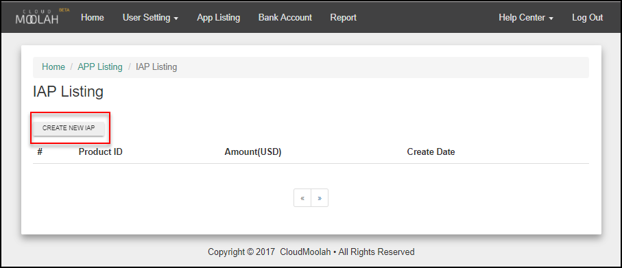 CloudMoolah create new IAP button
