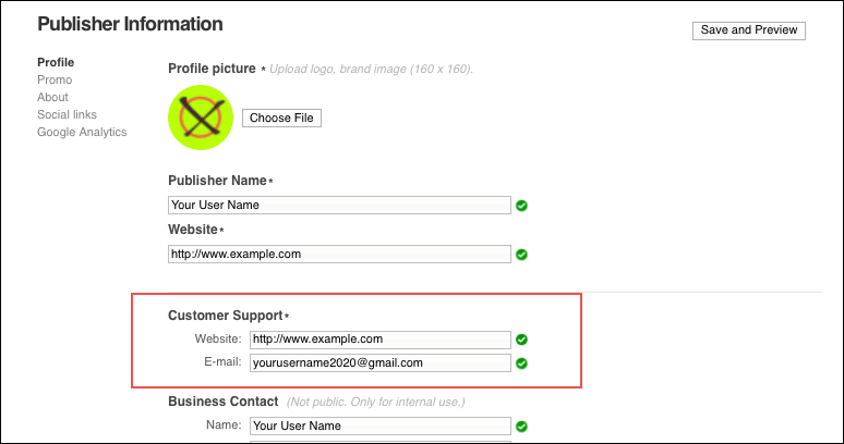 The Customer Support section is between the Publisher Name and Business Contact sections on the Info tab