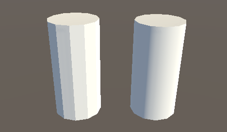 Dos cilindros de 12 lados, a la izquierda con un flat shading (sombreado plano), y a la derecha con smoothed shading (sombreado suvizado)