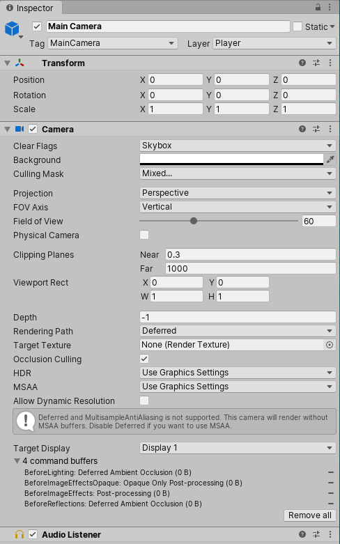 The Inspector window displaying settings for a typical GameObject and its components