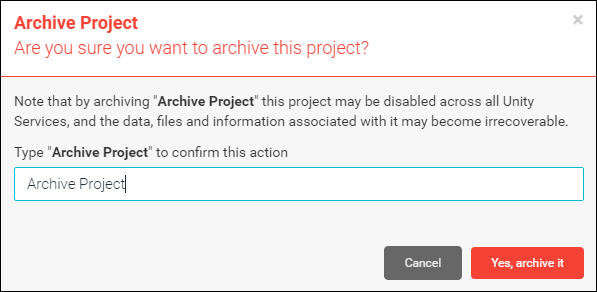 Archive Project confirmation window