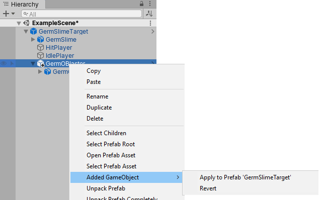 Context menu for added GameObject child