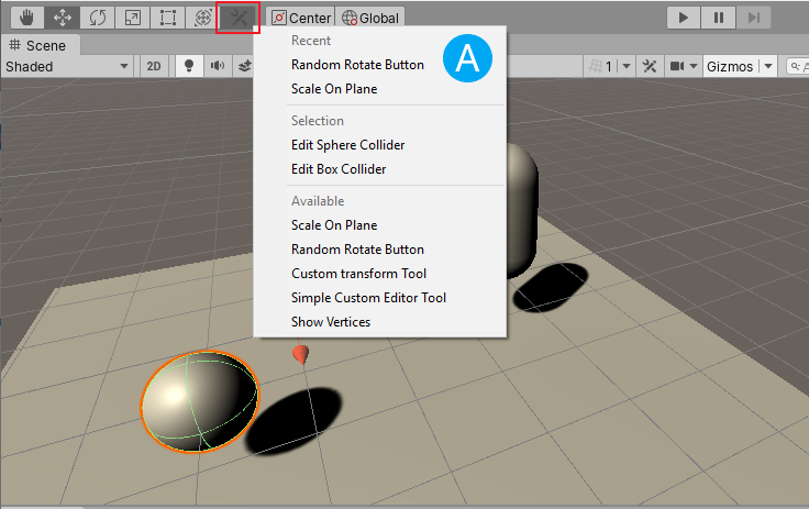 Custom Editor tools are available from a menu in the Scene view toolbar (A) and from a panel (B) that you can toggle on and off