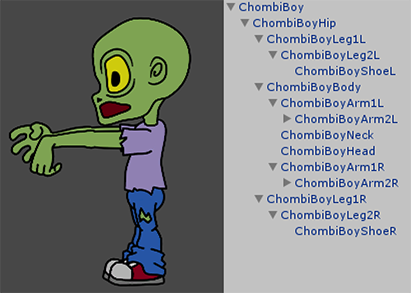 A character Prefab with its parts in a hierarchy.