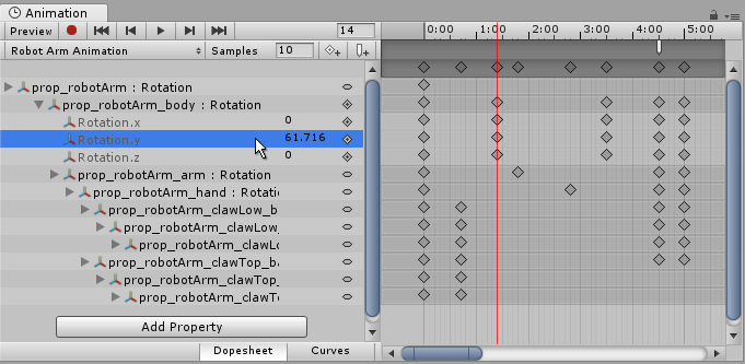 An unfolded property in the Animation View, allowing the keyframe value to be typed in directly. In this image, an interpolated value is shown because the playback head (the white line) is between keyframes. Entering a new value at this point would create a new keyframe.