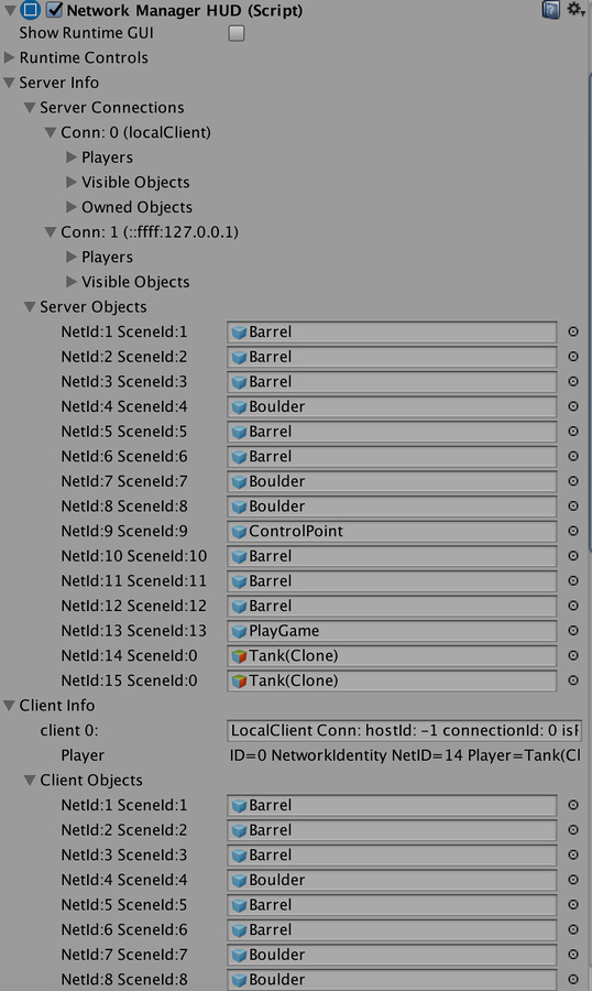 In Play Mode, the Network Manager HUD component displays additional information about the state of the game and the GameObjects that have spawned.