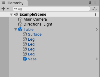 A ‘Vase’ Prefab nested inside a ‘Table’ Prefab.