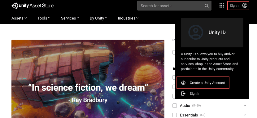 When you click Sign In, the Unity ID login appears with another link to Create a Unity Account.