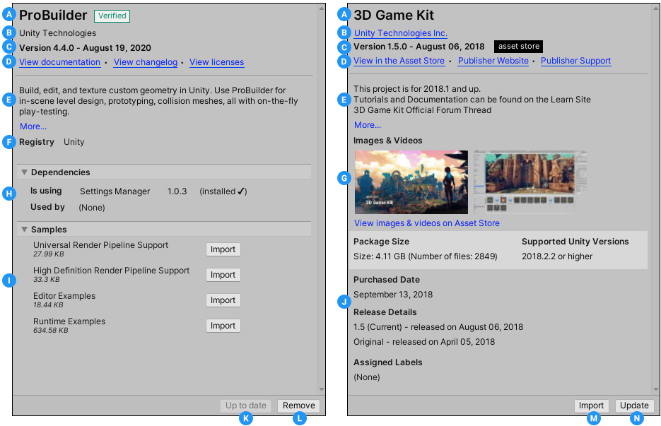 Package details for a Unity package (left) and an Asset Store package (right)