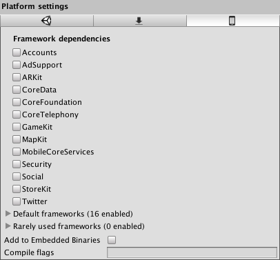 Ajustes del plugin iOS, mostrando dependencias del Framework