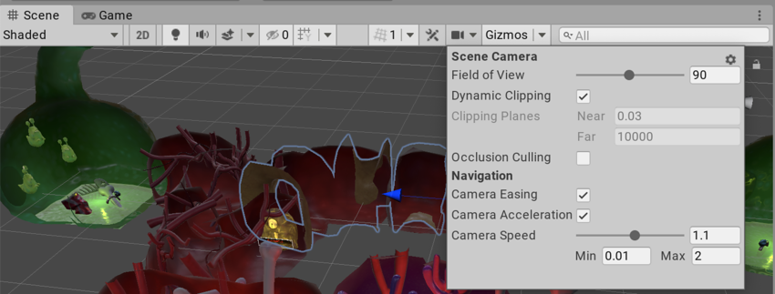 The Camera settings menu in context of the Scene view toolbar