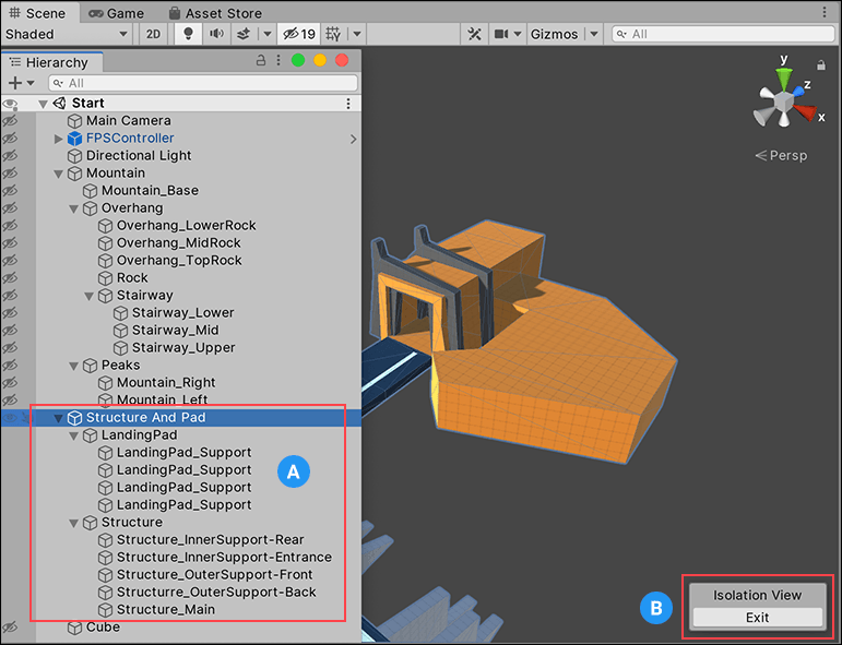 Isolation view overrides Scene visibility settings so only the selection and its children (A) are visible.<br/>Clicking the Exit button (B) reverts to the previous Scene visibility settings.