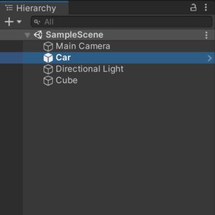 In this image, no GameObjects in the Hierarchy window are set as the default parent. When the user drags the Car GameObject into the Scene view, Unity adds it at the top level of the hierarchy.