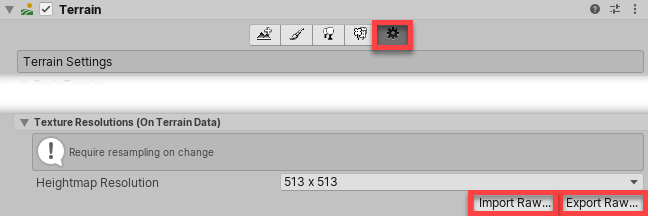 Import Raw and Export Raw buttons in the Terrain Settings Inspector