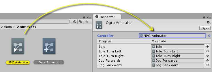 Arrastrando un controller existente al inspector del Animator Override Controller