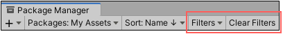 The Filters drop-down menu and the Clear Filters button allow you to narrow down which Asset Store packages appear in the list