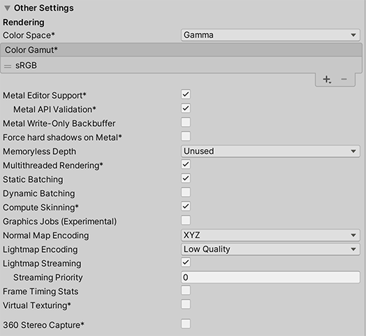 Rendering Player settings for iOS platforms