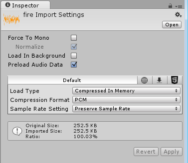Inspector showing the import settings for an audio file
