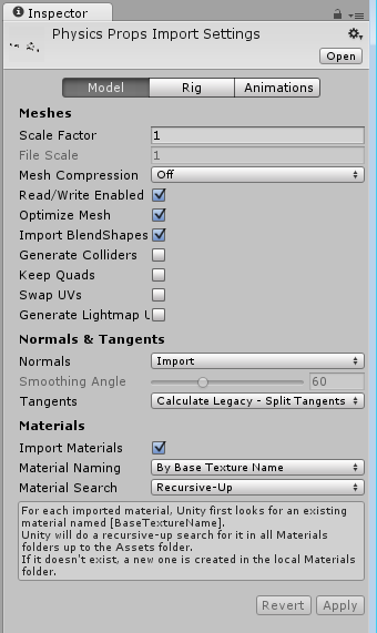 Inspector showing the import settings for an FBX file containing 3D models