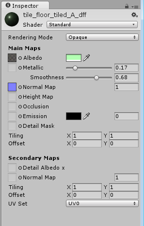 Inspector showing the import settings for a Material Asset