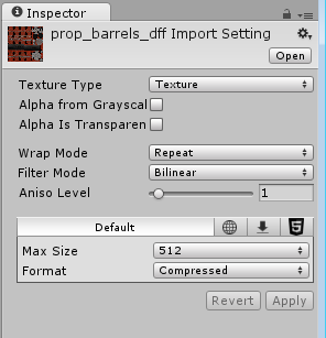Inspector showing the import settings for a texture