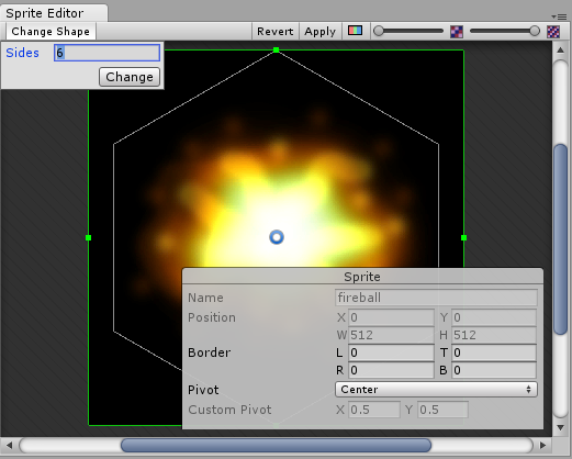 Sprite Editor: Re-dimensionando el tamaño y el punto de pivote - haga click en el polígono para mostrar estas opciones