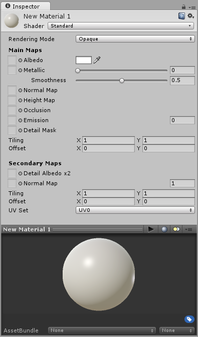 A Standard Shader material with default parameters and no values or textures assigned