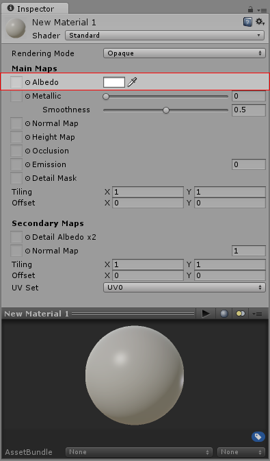 A Standard Shader material with default parameters and no values or textures assigned. The Albedo Color parameter is highlighted.