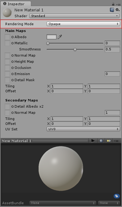 A Standard Shader material with default parameters and no values or textures assigned. The Rendering Mode parameter is highlighted.
