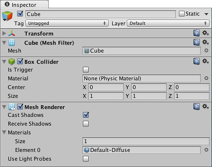 Un simple GameObject Cubo con varios componentes