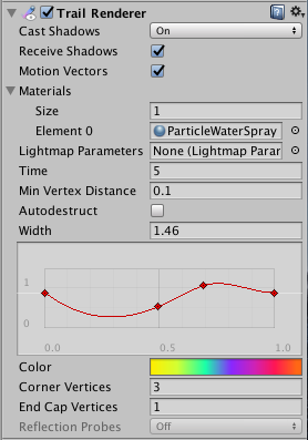 Un componente Trail Renderer tal como aparece en la ventana del Inspector, configurado para crear un camino multicolor que se vuelve más delgado y luego mucho más ancho