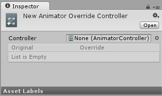 Un Animator Override Controller con ningún Animator Controller asignado