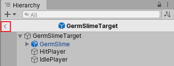 The back arrow in the header bar of the Hierarchy window, visible when in Prefab Mode