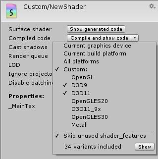 menú popup de la compilación Shader.