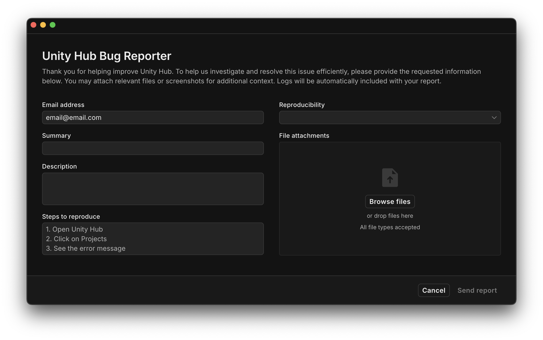 The bug reporter window