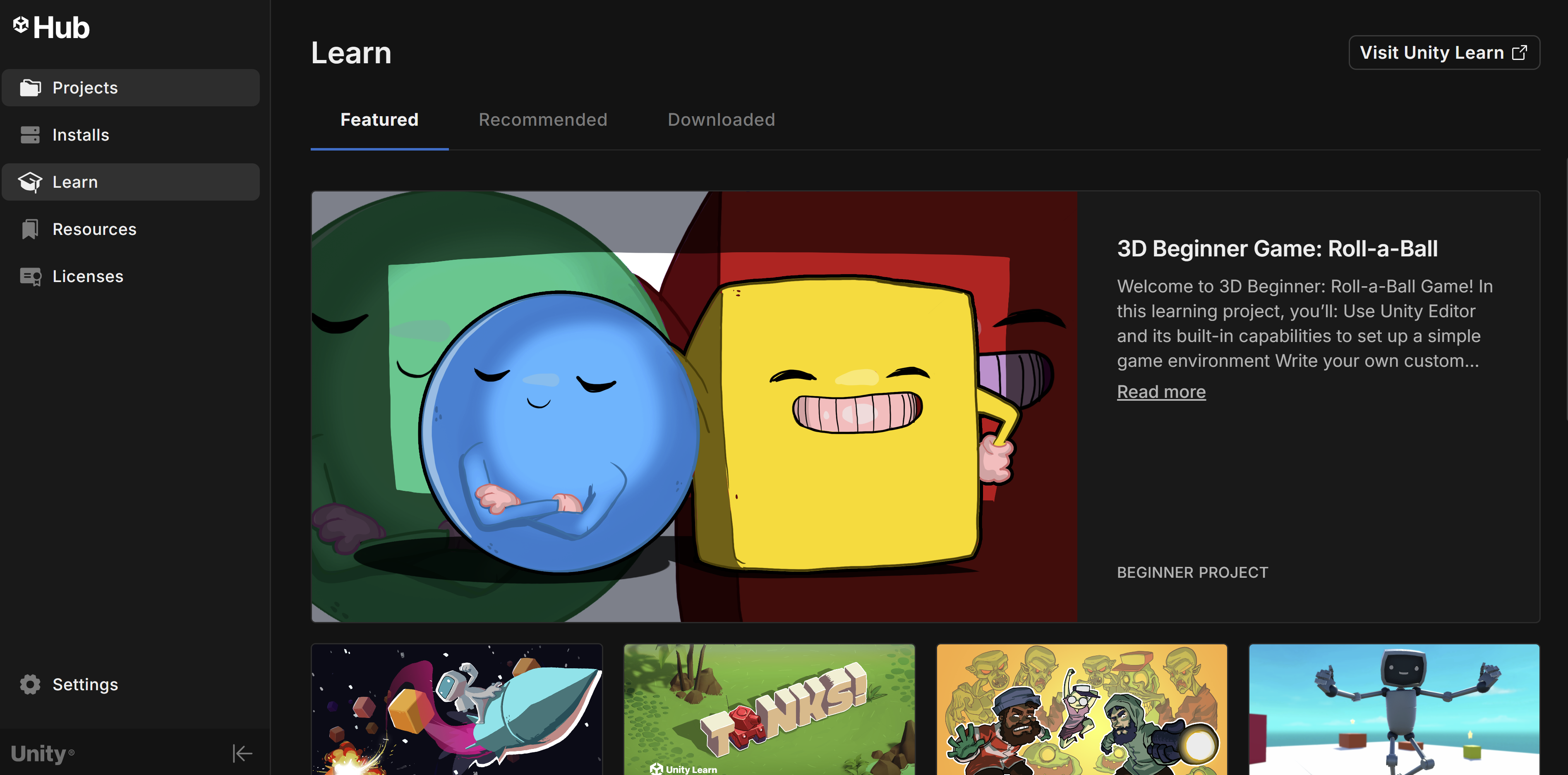 The Learn window of the Unity Hub.