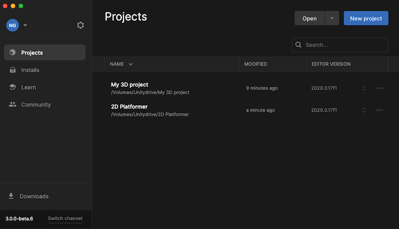 Projects | Unity Hub | 3.0