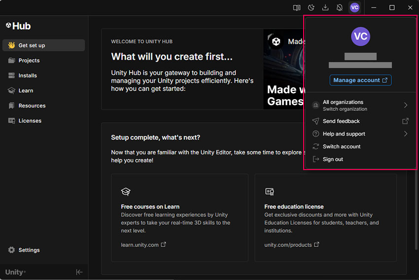 The Unity Hub with the account window open.