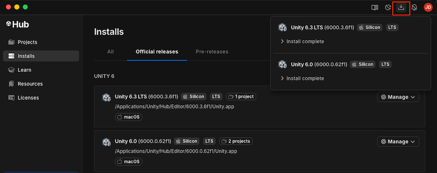 Top bar download manager