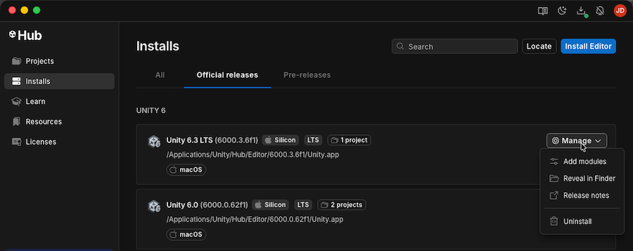 The Manage dropdown of the Installs tab.
